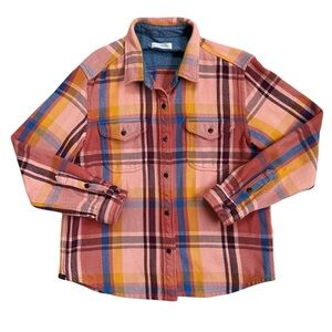 Outerknown Women’s Peach Orange Blue Plaid Button Down Blanket Shirt Size M/L